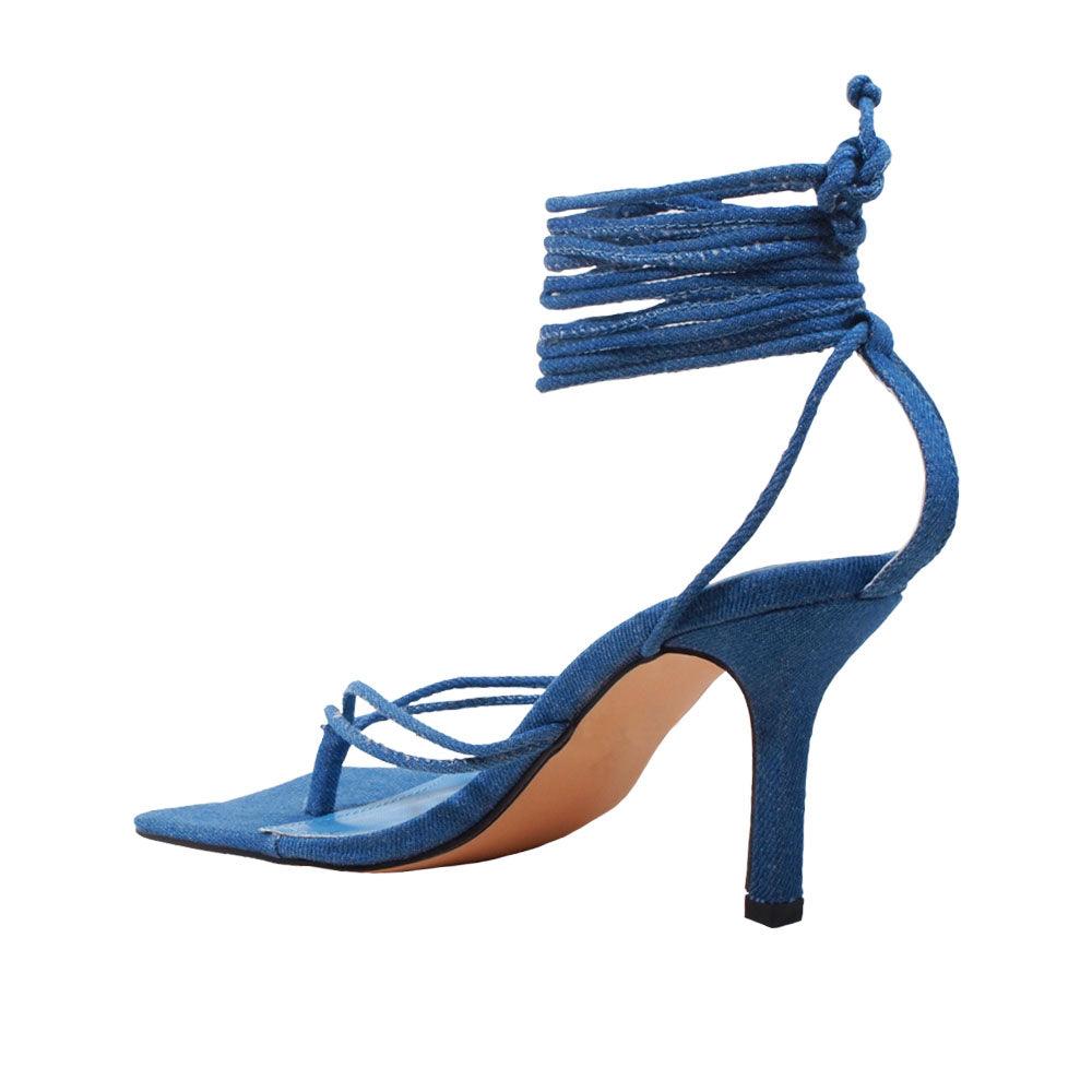 Lace tie up square toe women's heel in denim-posterior view