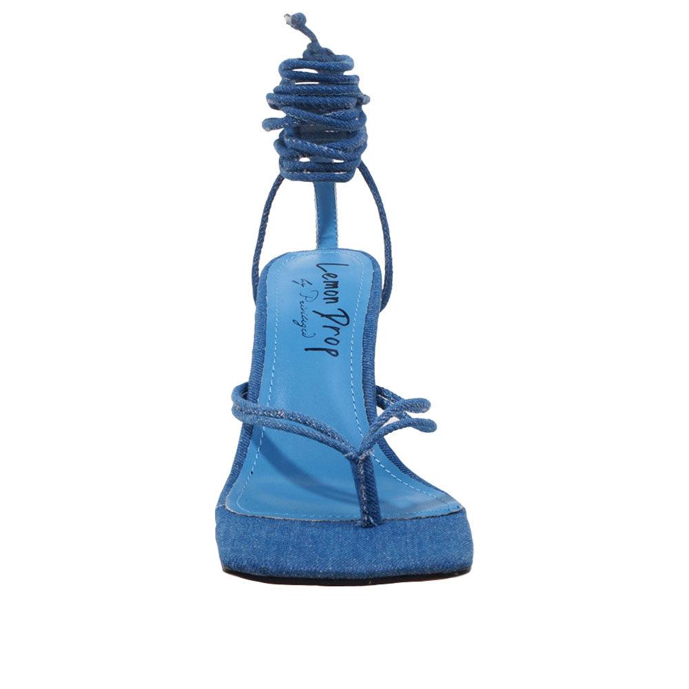 Lace tie up square toe women's heel in denim-front view