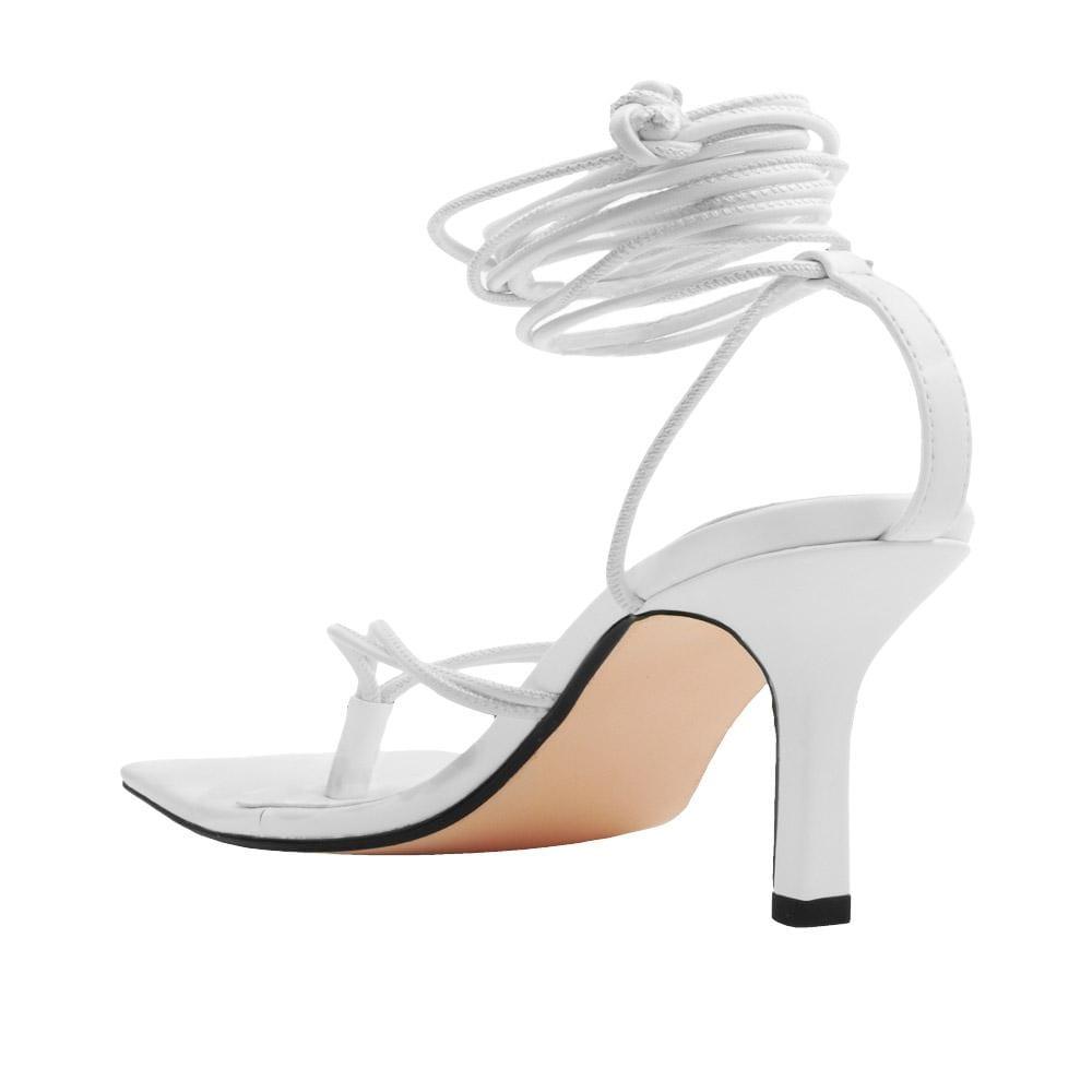 Lace tie up square toe women's heel in white-posterior view