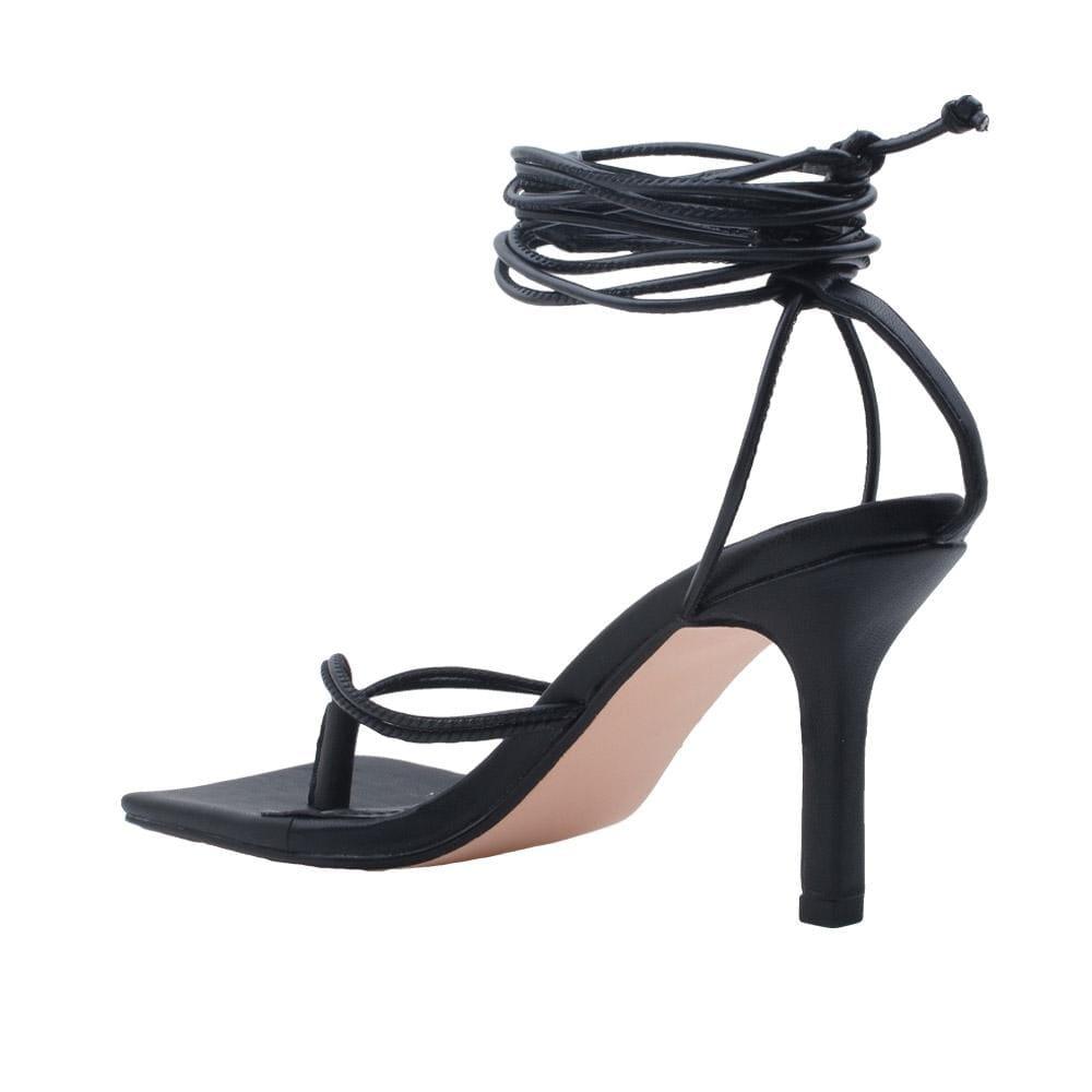 Lace tie up square toe women's heel in black-posterior view