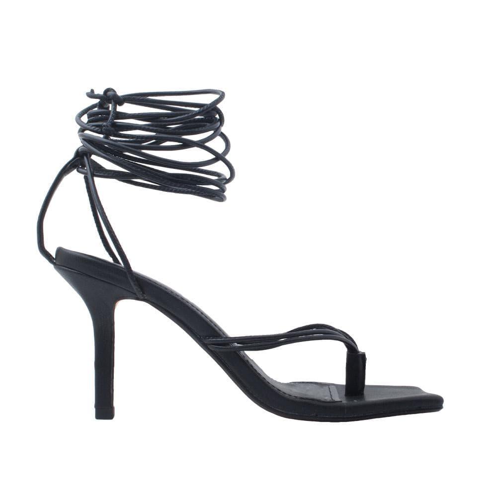 Lace tie up square toe women's heel in black-side view