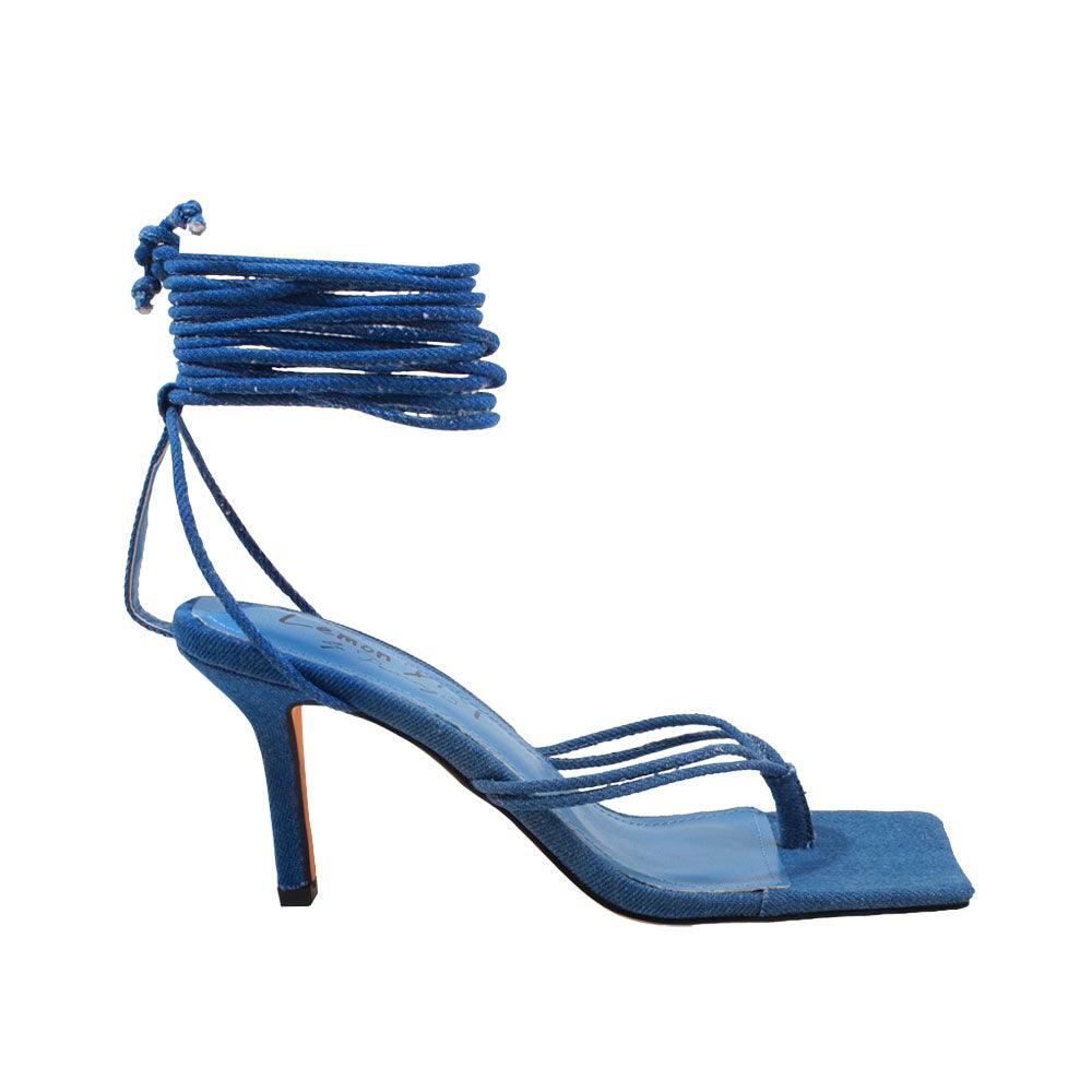 Lace tie up square toe women's heel in denim-side view