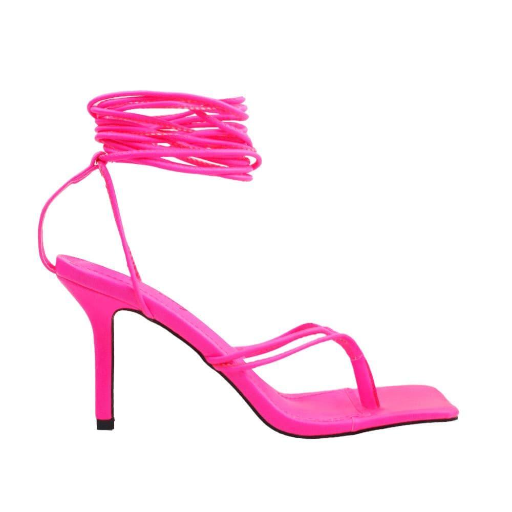 Lace tie up square toe women's heel in neon pink-side view