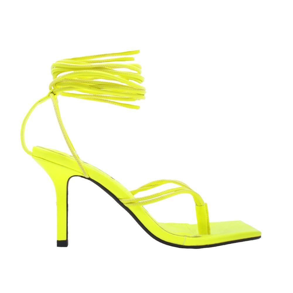 Lace tie up square toe women's heel in neon yellow-side view