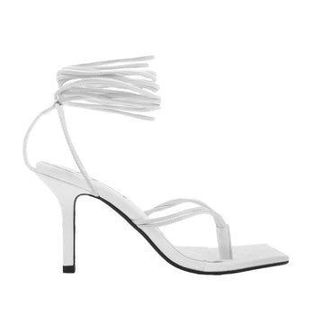 Lace tie up square toe women's heel in white-side view