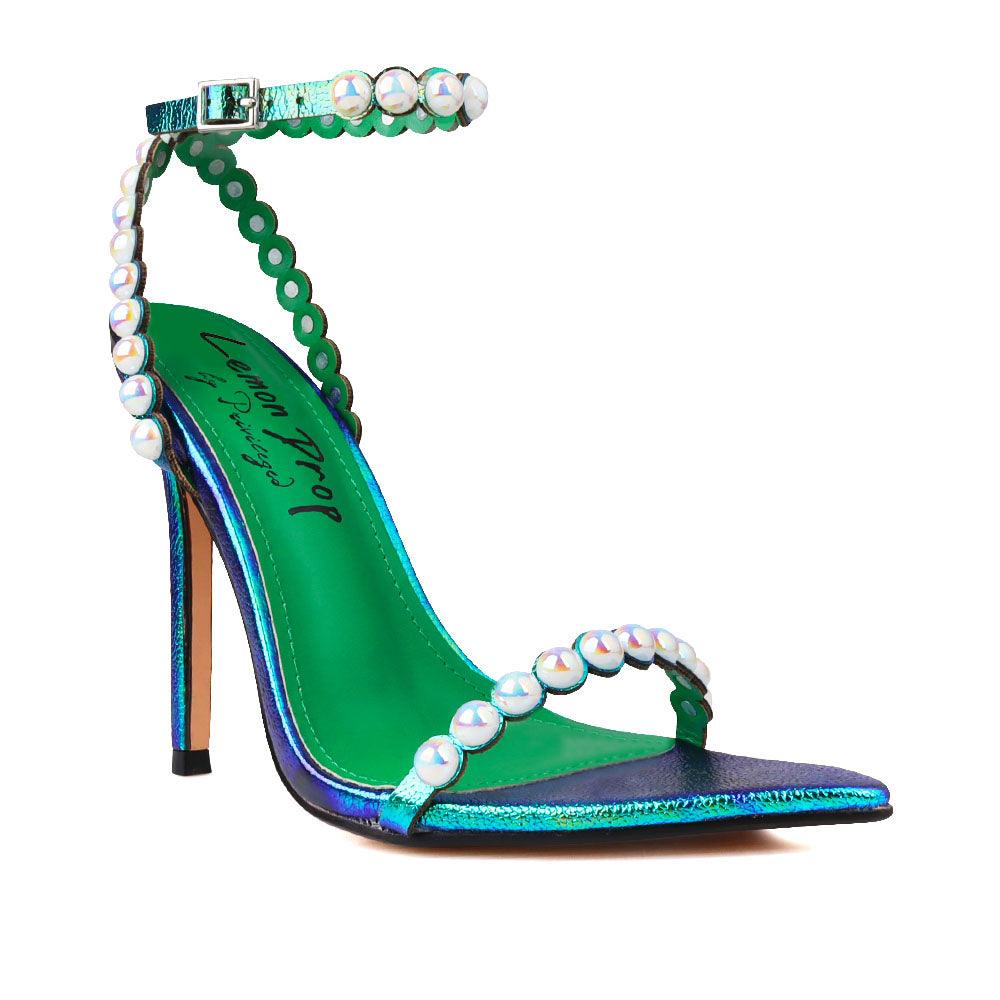 Pearl-embellished aristocratic women's shoes in blue iridescent-corner view