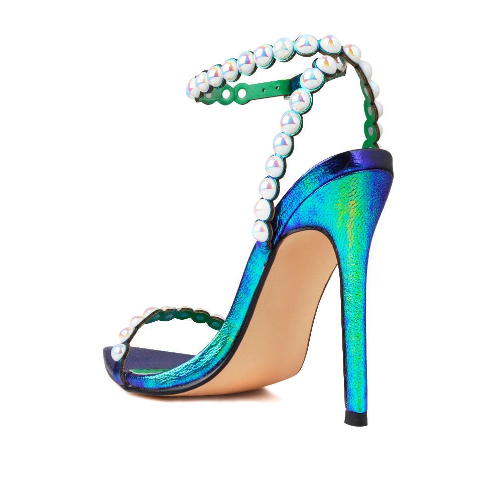 Pearl-embellished aristocratic women's shoes in blue iridescent-posterior view