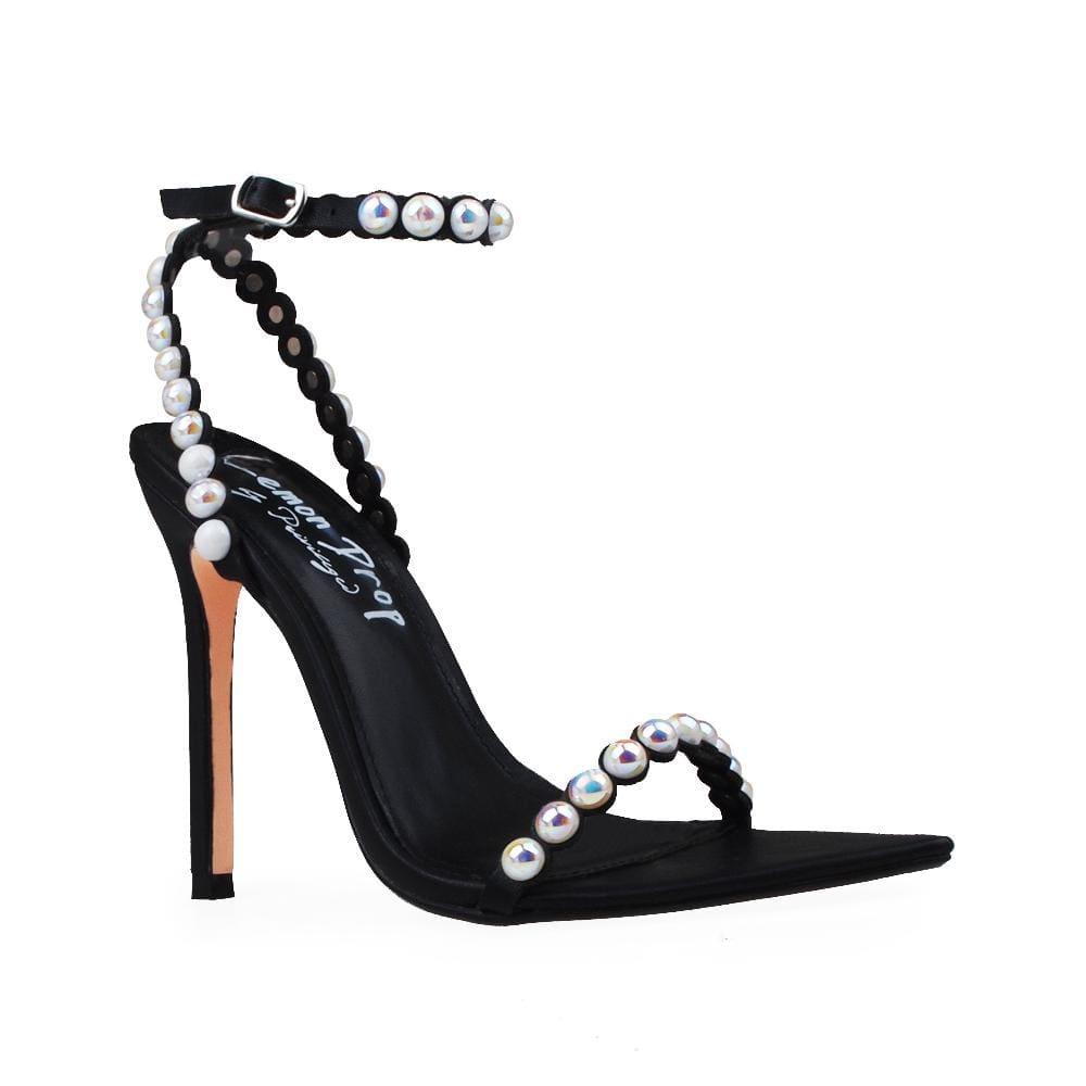 Pearl-embellished aristocratic women's shoes in black-corner view