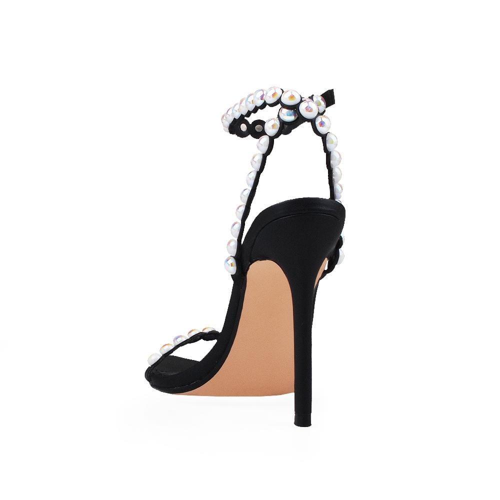 Pearl-embellished aristocratic women's shoes in black-posterior view 