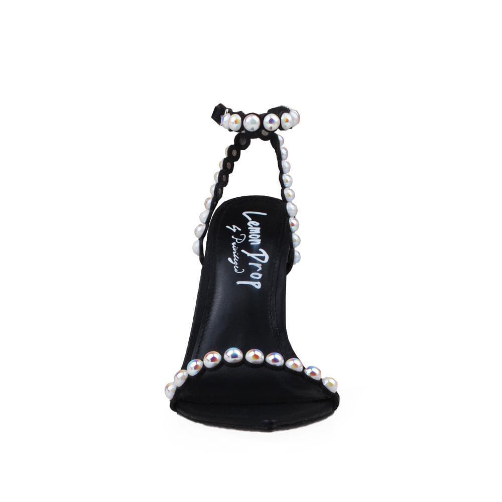 Pearl-embellished aristocratic women's shoes in black-front view