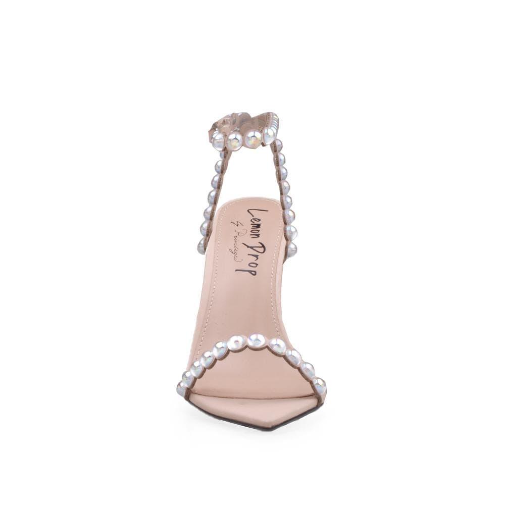 Pearl-embellished aristocratic women's shoes in nude-front view