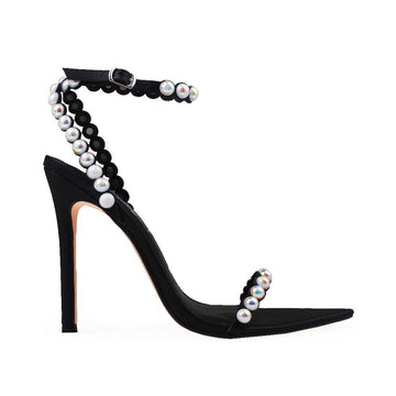 Pearl-embellished aristocratic women's shoes in black-side view
