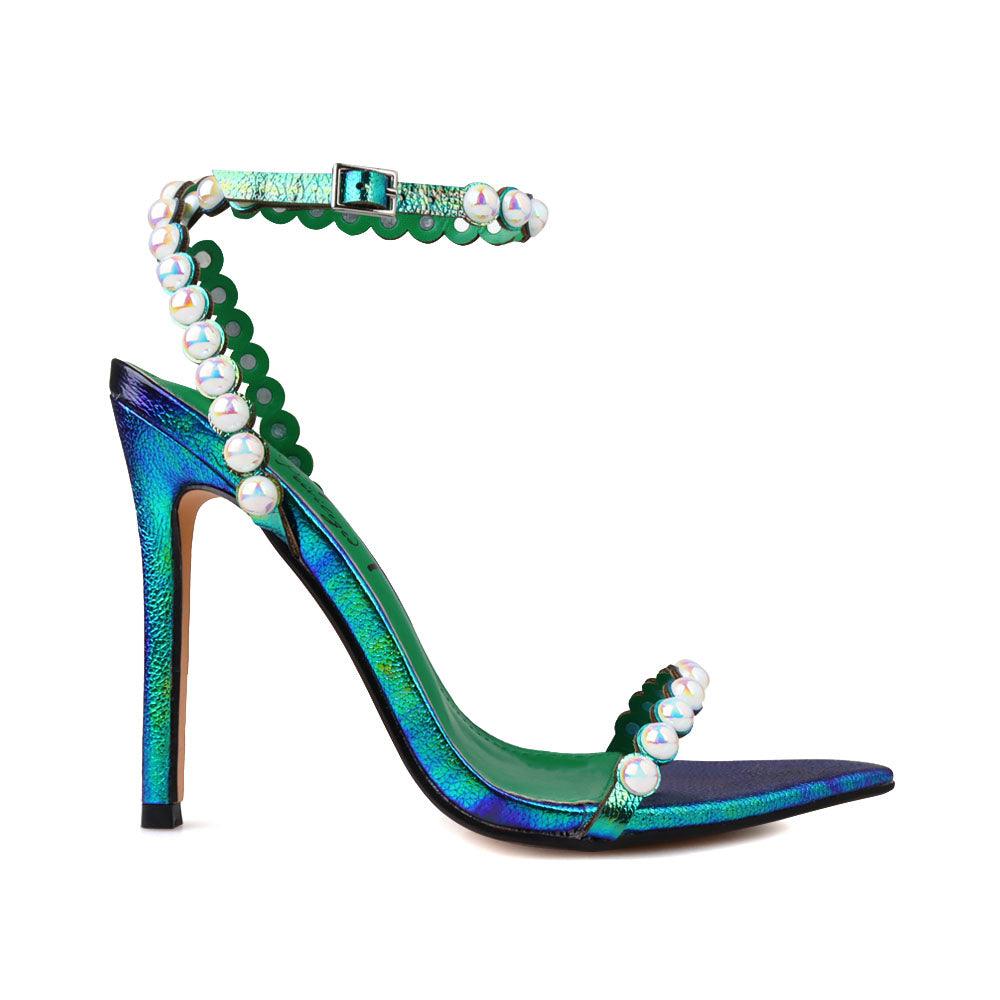 Pearl-embellished aristocratic women's shoes in blue iridescent-side view