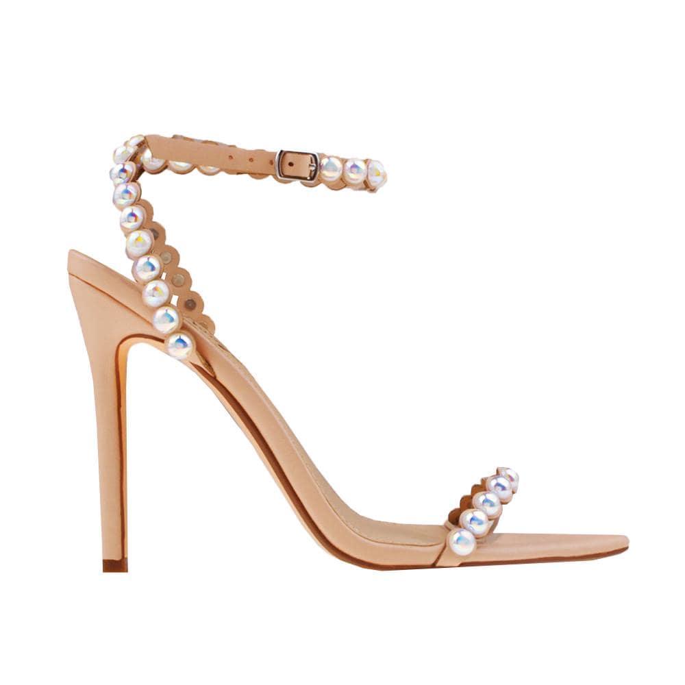 Pearl-embellished aristocratic women's shoes in nude-side view