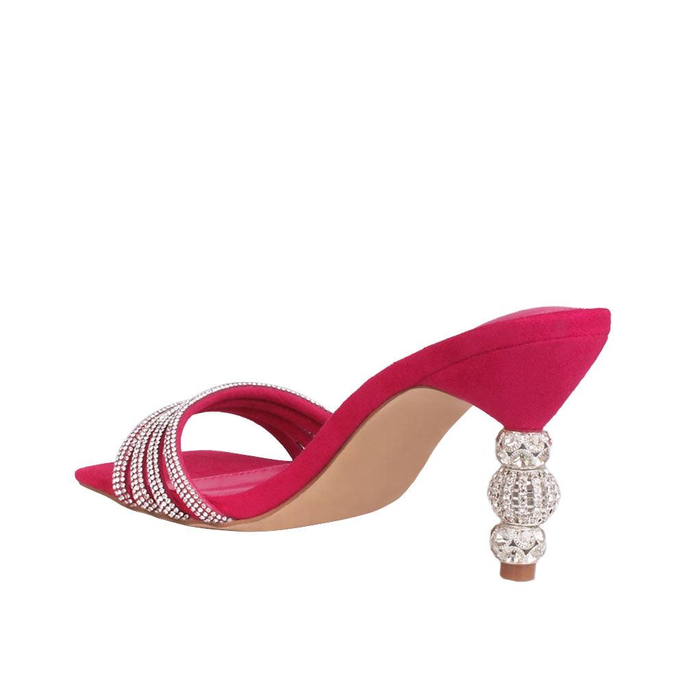 Vegan suede heels with rhinestones in fuchsia-posterior view