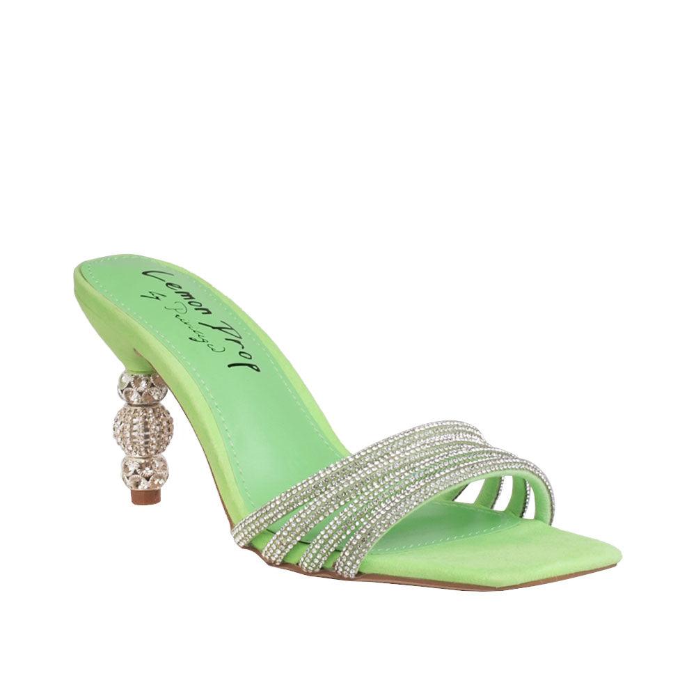 Vegan suede heels with rhinestones in neon green-corner view