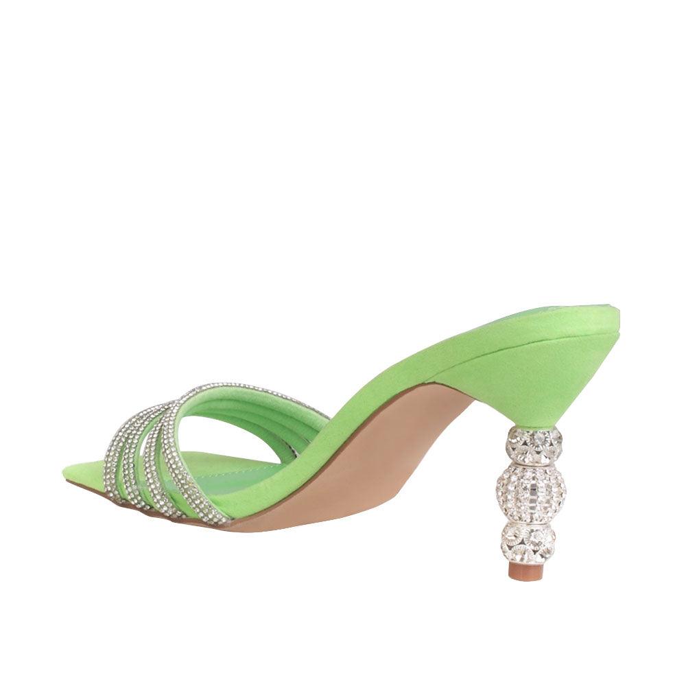 Vegan suede heels with rhinestones in neon green-posterior view