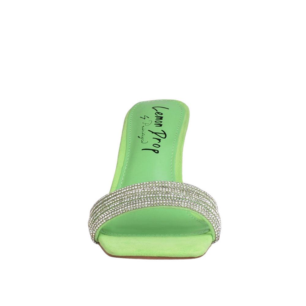 Vegan suede heels with rhinestones in neon green-front view