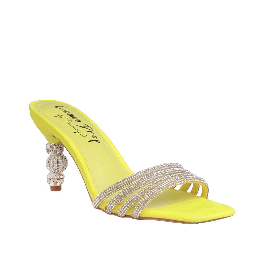 Vegan suede heels with rhinestones in yellow-corner view