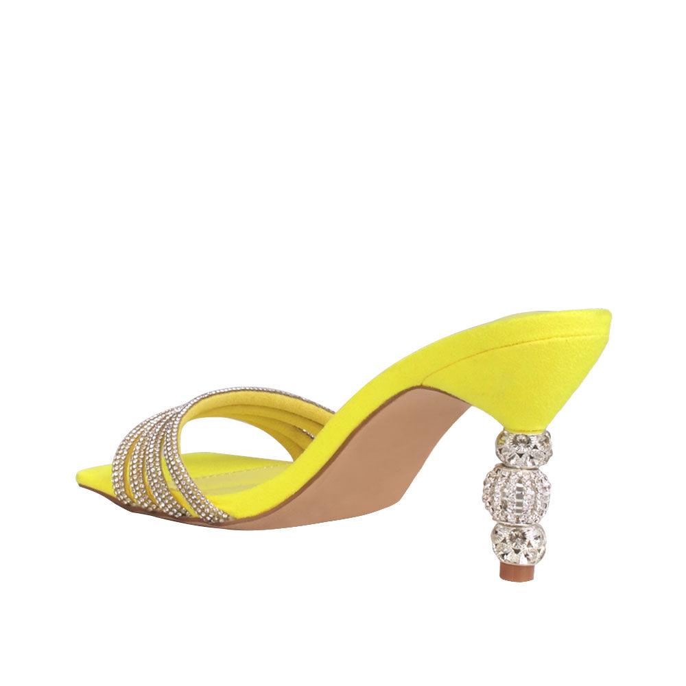 Vegan suede heels with rhinestones in yellow-posterior view