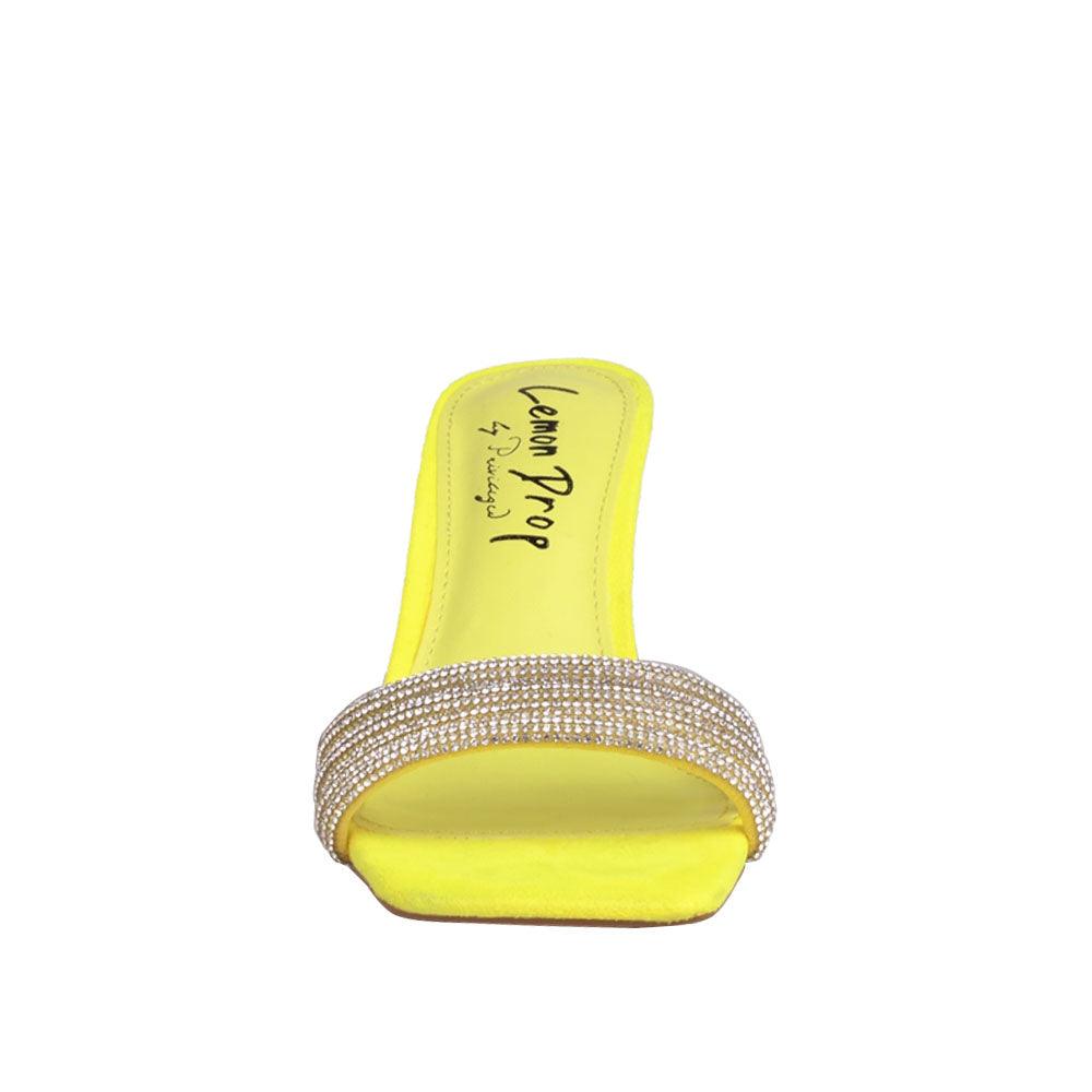 Vegan suede heels with rhinestones in yellow-front view