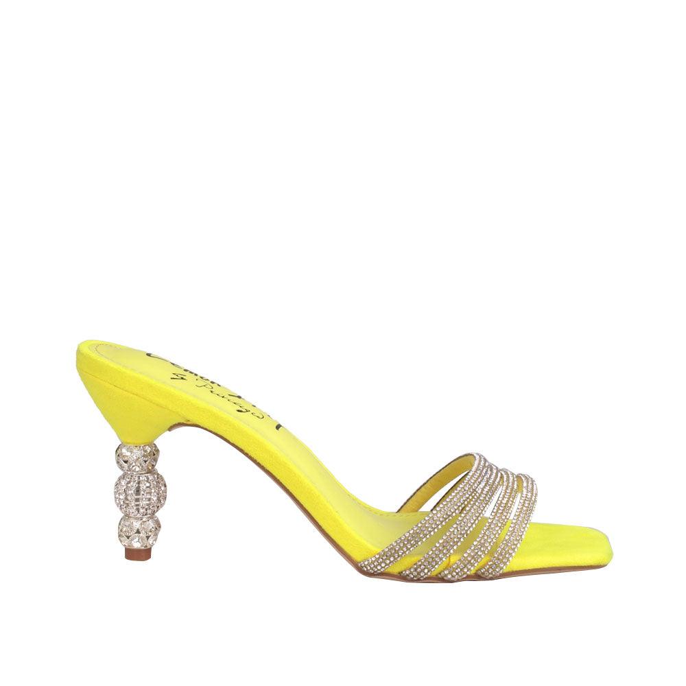 Vegan suede heels with rhinestones in yellow-side view