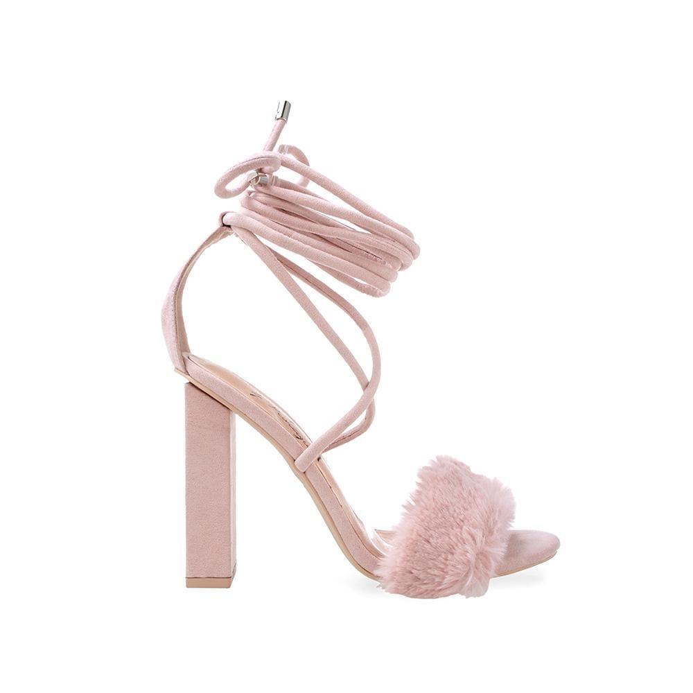 Women heel with lace tie up and fur on toe strap in blush pink