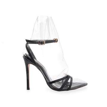 Black women heels with clear vinyl covering on upper