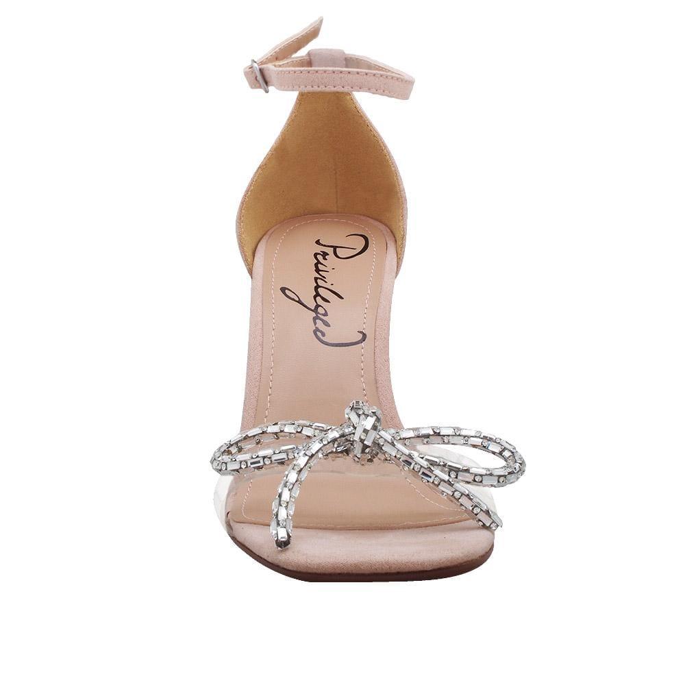 Nude women heels with ankle closure and clear vinyl upper -front view