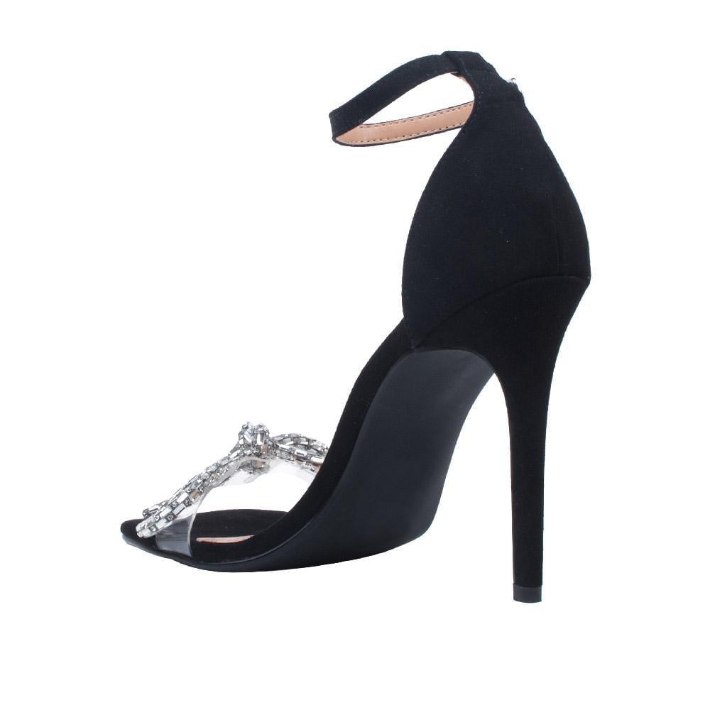 Black women heels with ankle closure and clear vinyl upper -posterior view