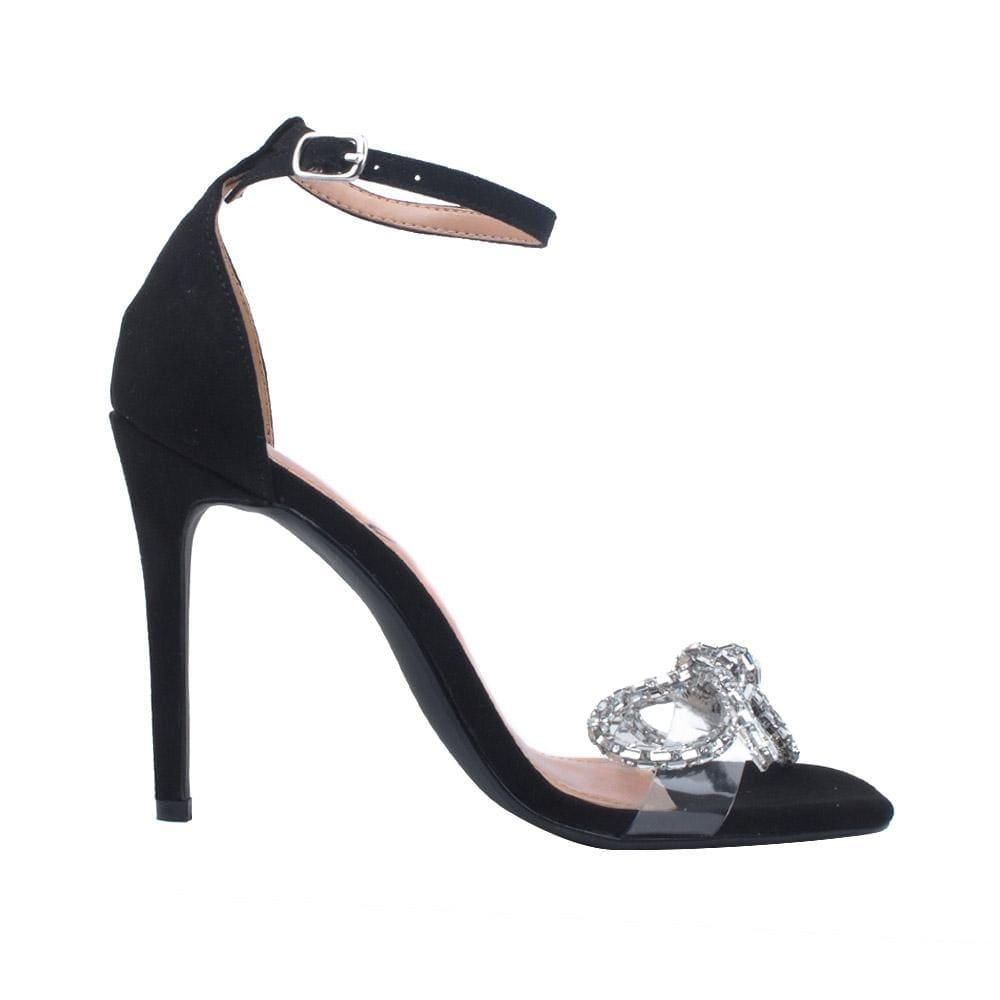 Black women heels with ankle closure and clear vinyl upper -side view