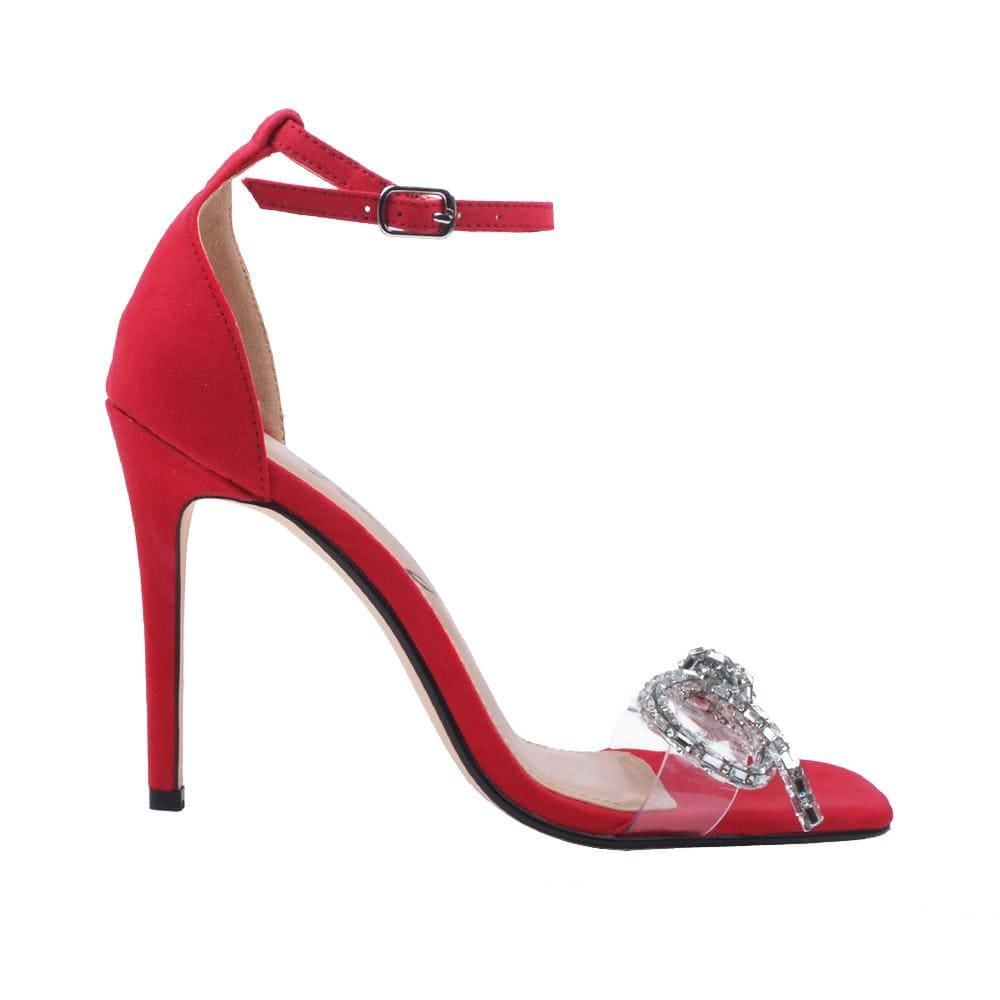 Red women heels with ankle closure and clear vinyl upper -side view