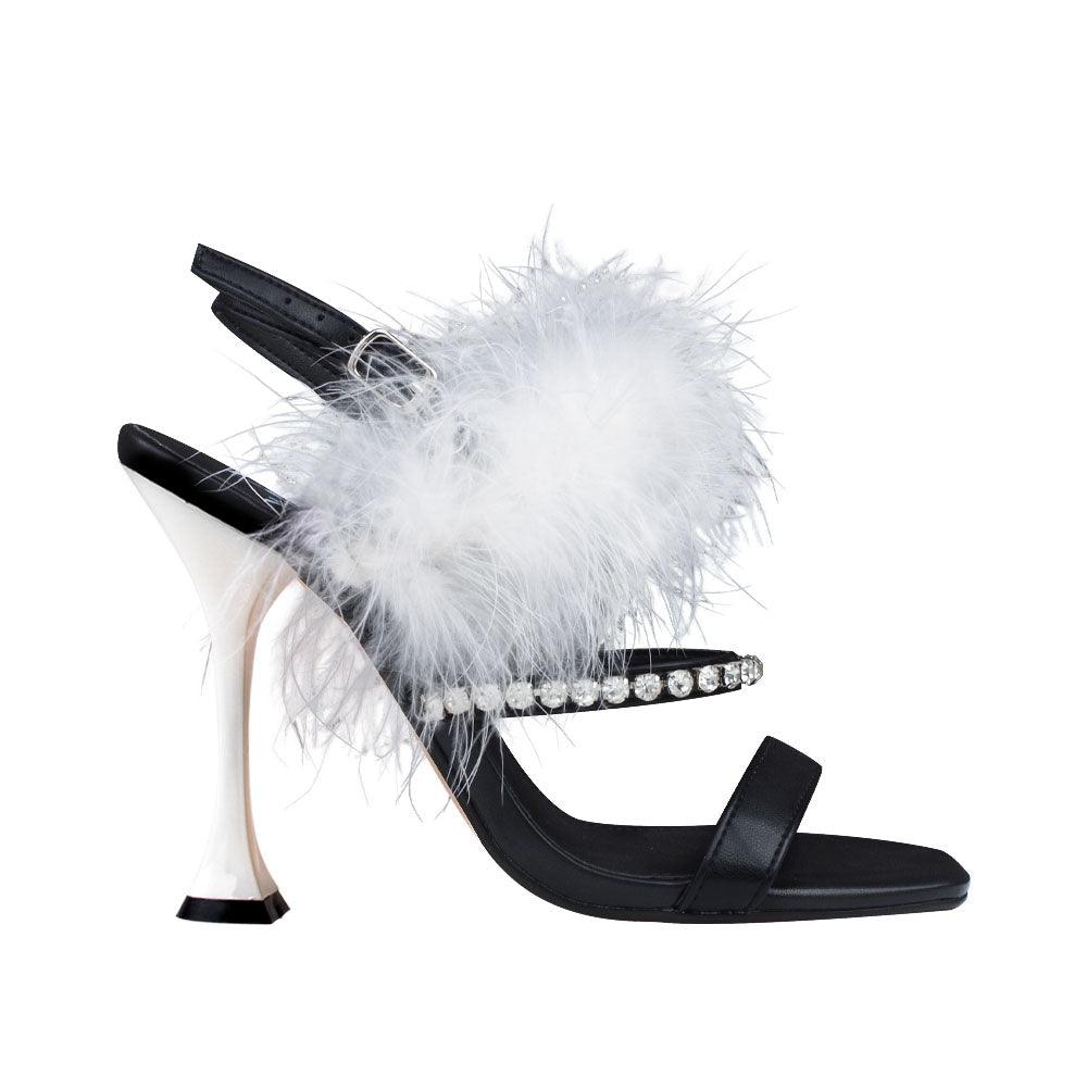 Black women heels with white heel and fur ankle buckle closure