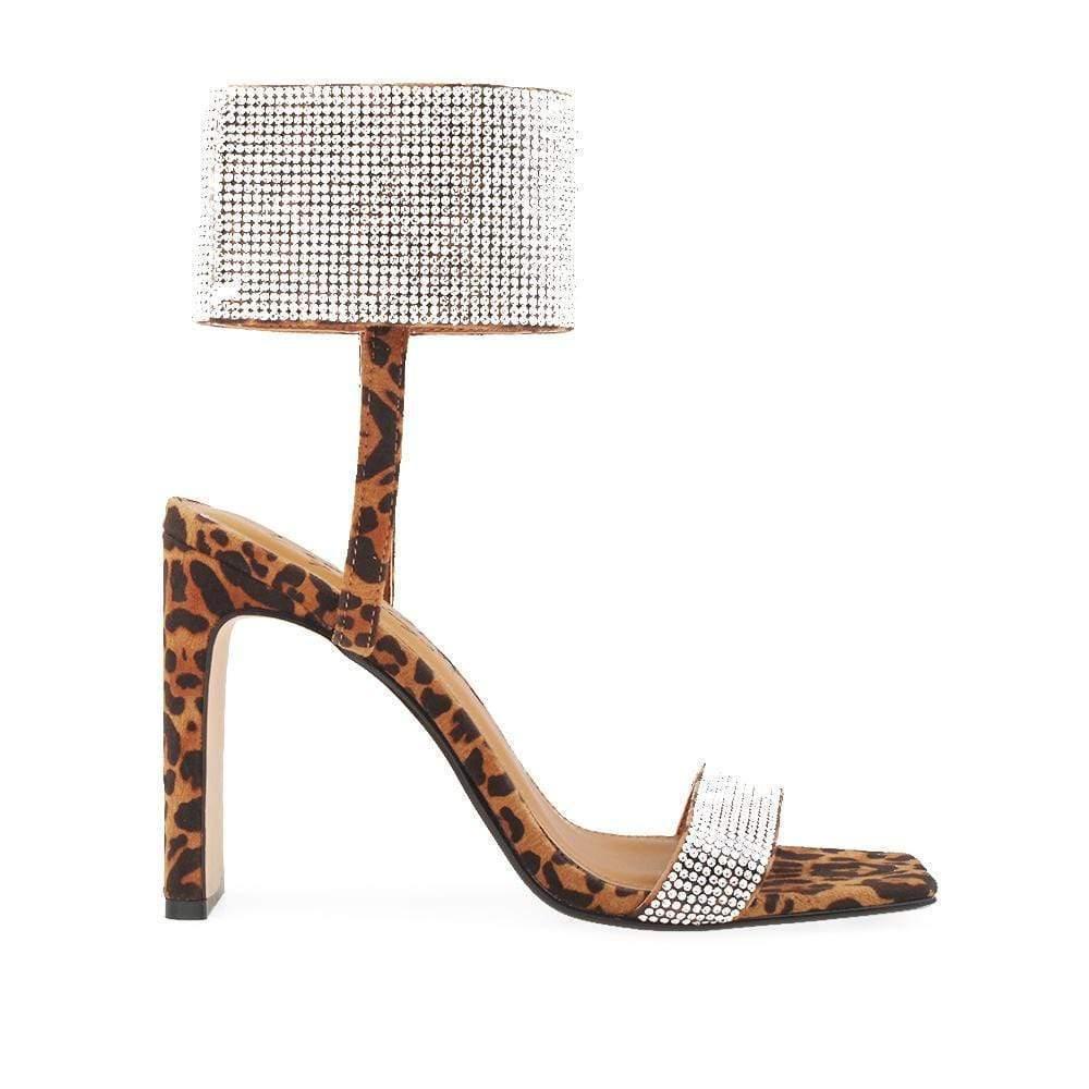 Tan women heels with rhinestone upper strap and ankle closure