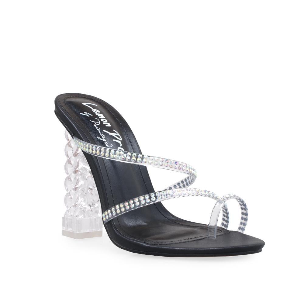 Black colored women heels with rhinestone upper straps and transparent heel