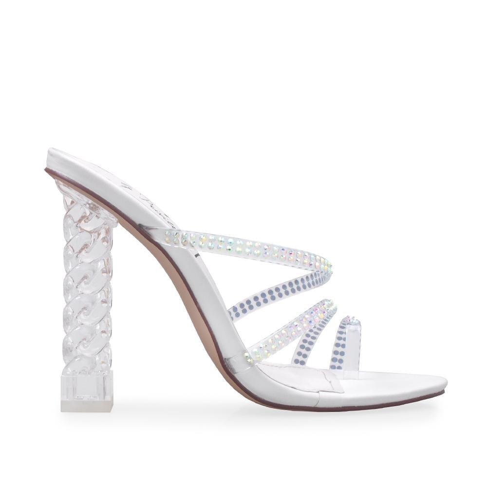 White colored women heels with rhinestone upper straps and transparent heel