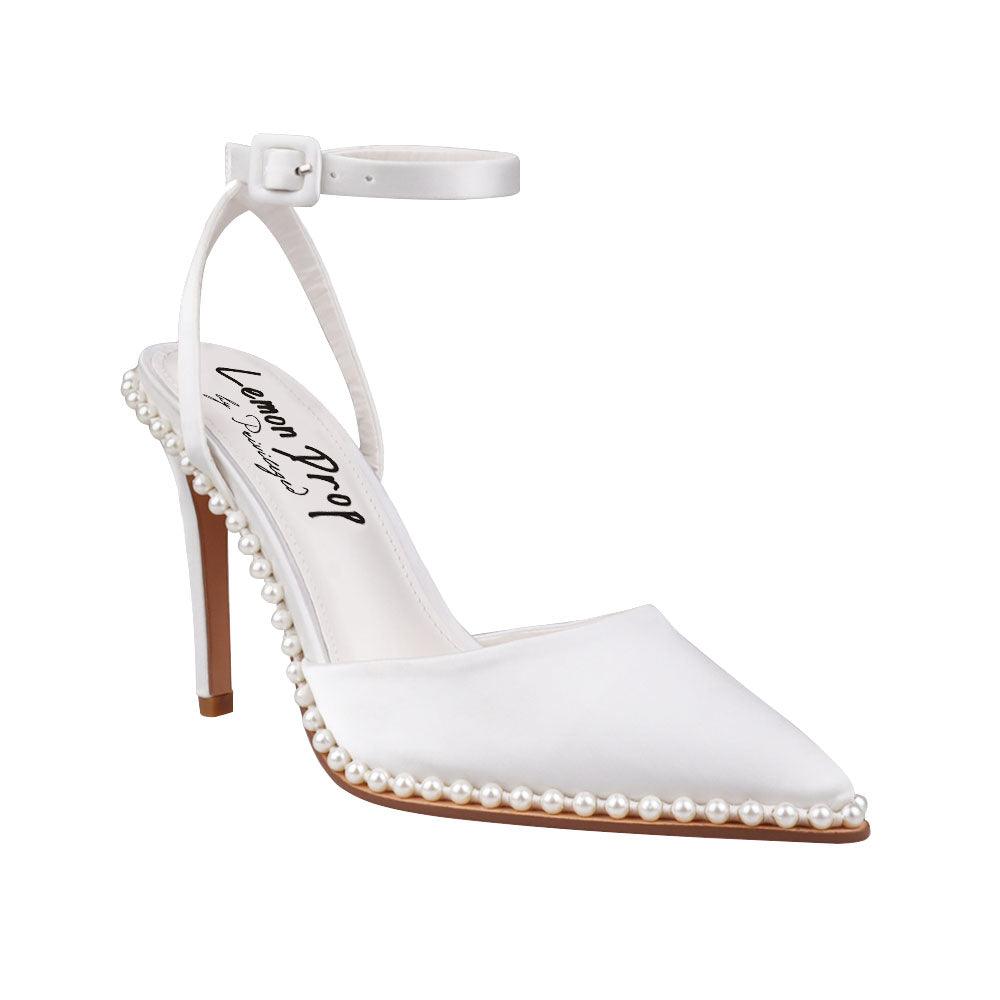 White suede women heels with pearl accent-corner view