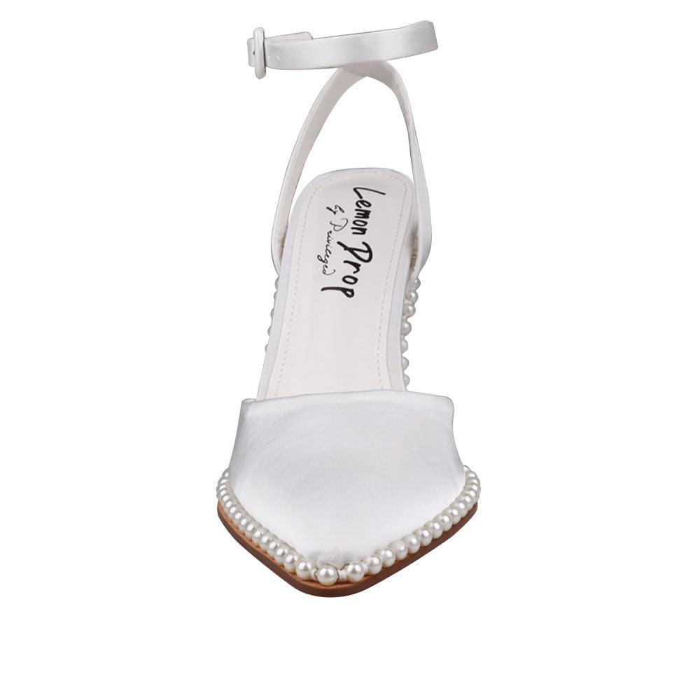 White suede women heels with pearl accent-front view