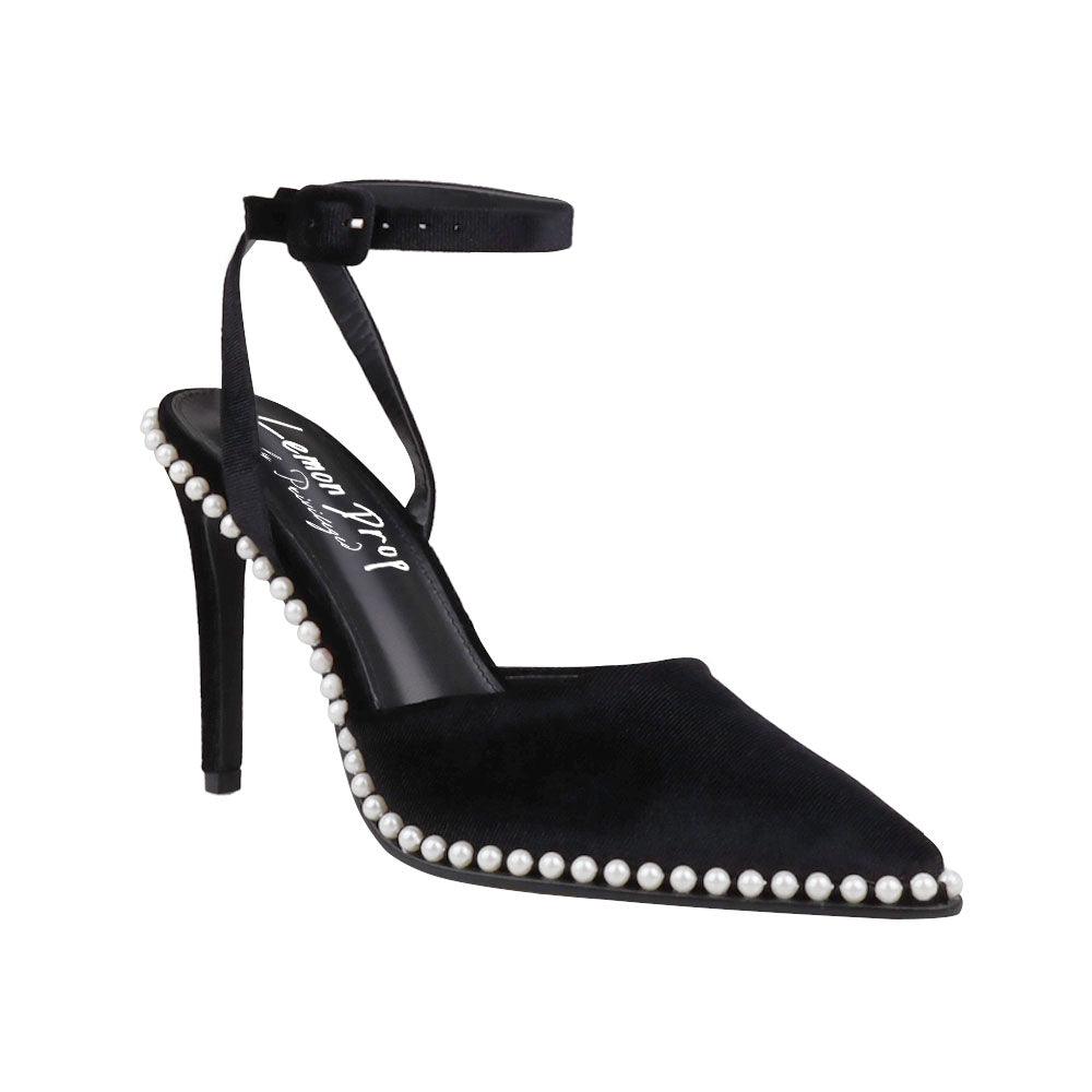 Black suede women heels with pearl accent-corner view