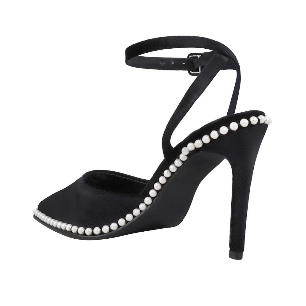 Black suede women heels with pearl accent-posterior view