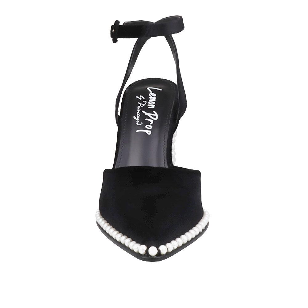 Black suede women heels with pearl accent-front view