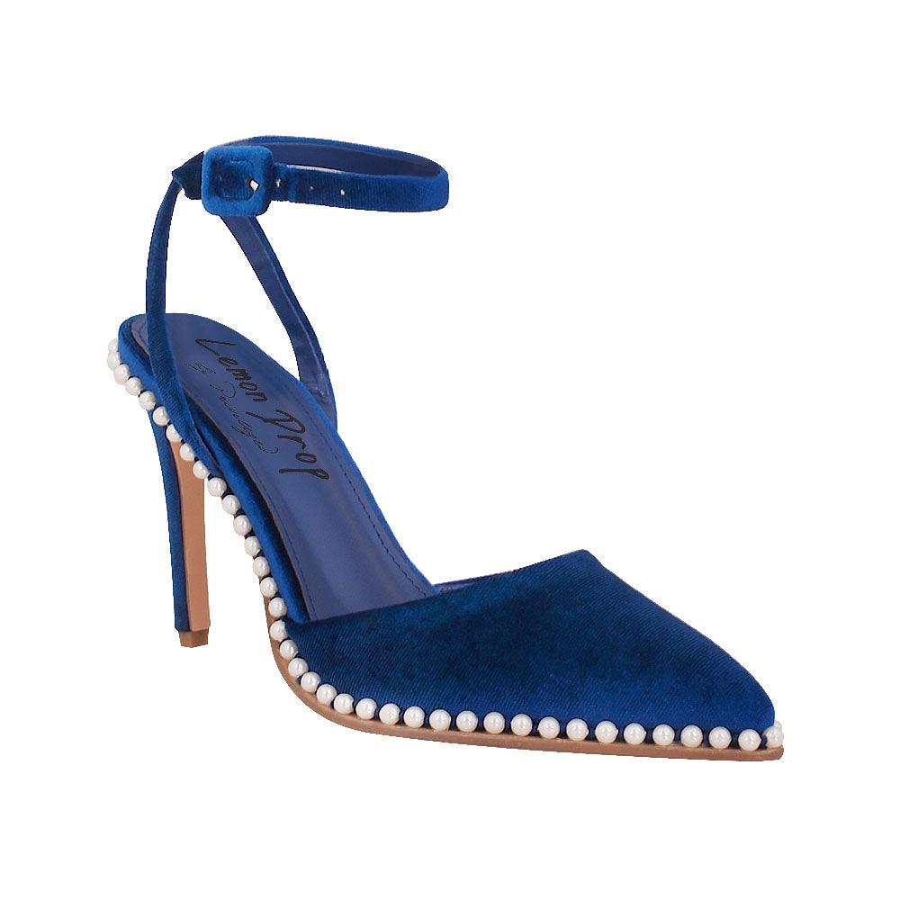 Blue suede women heels with pearl accent-corner view