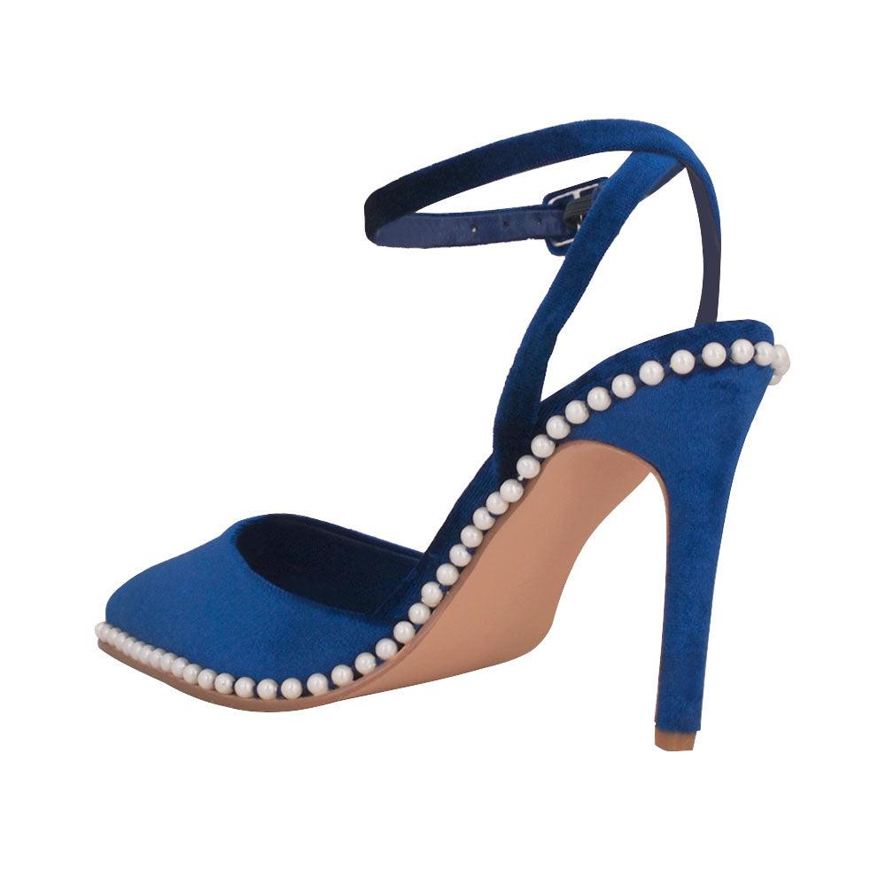 Blue suede women heels with pearl accent-posterior view