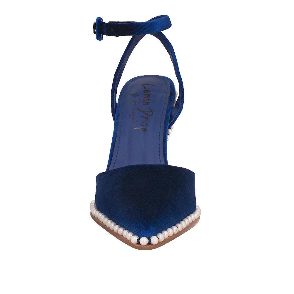 Blue suede women heels with pearl accent-front view