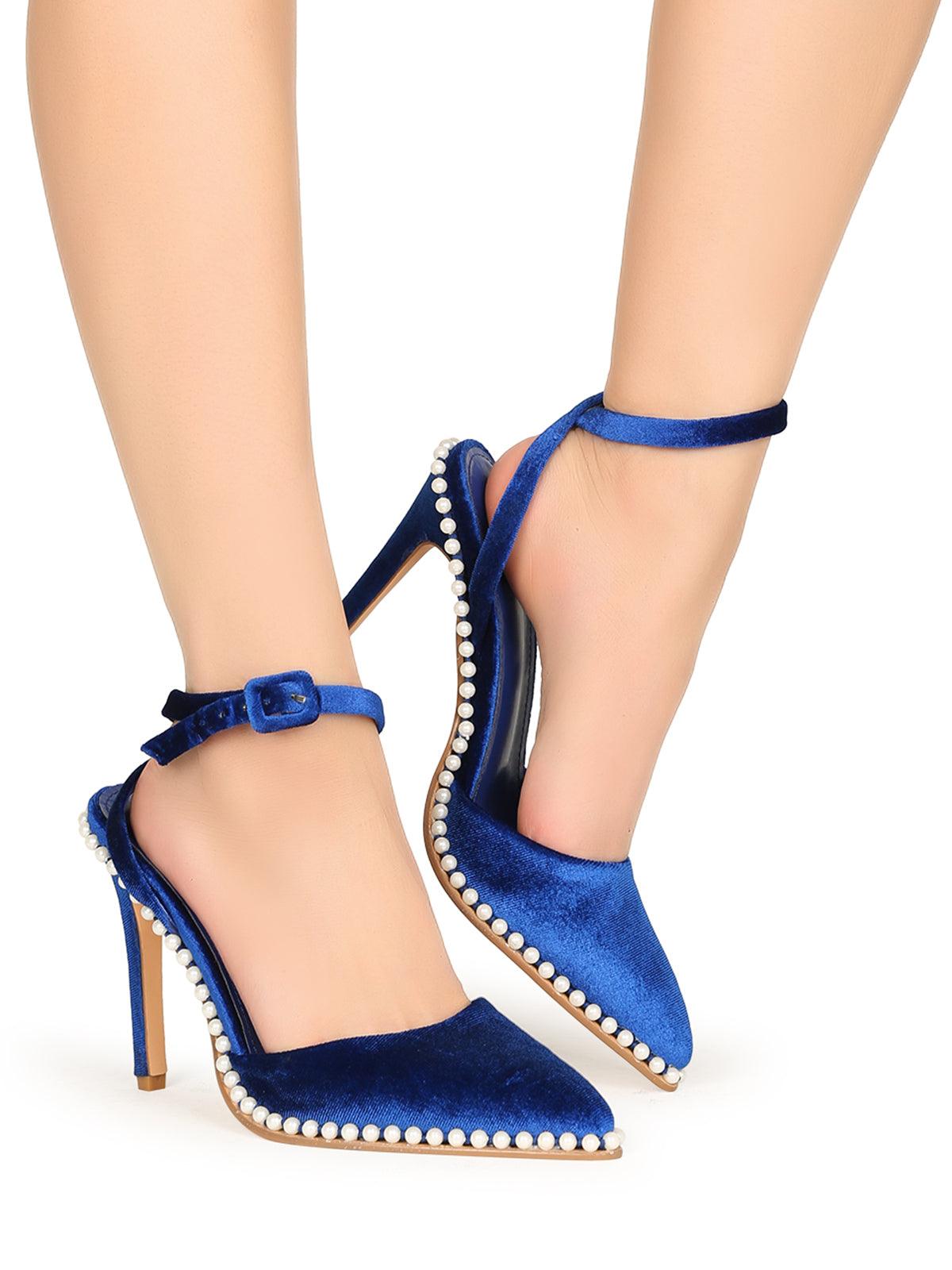 Blue suede women heels with pearl accent