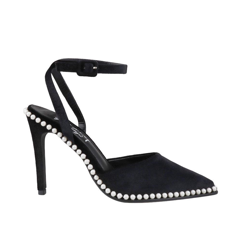 Black suede women heels with pearl accent-side view