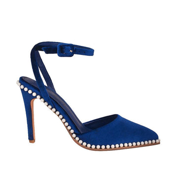 Blue suede women heels with pearl accent-side view