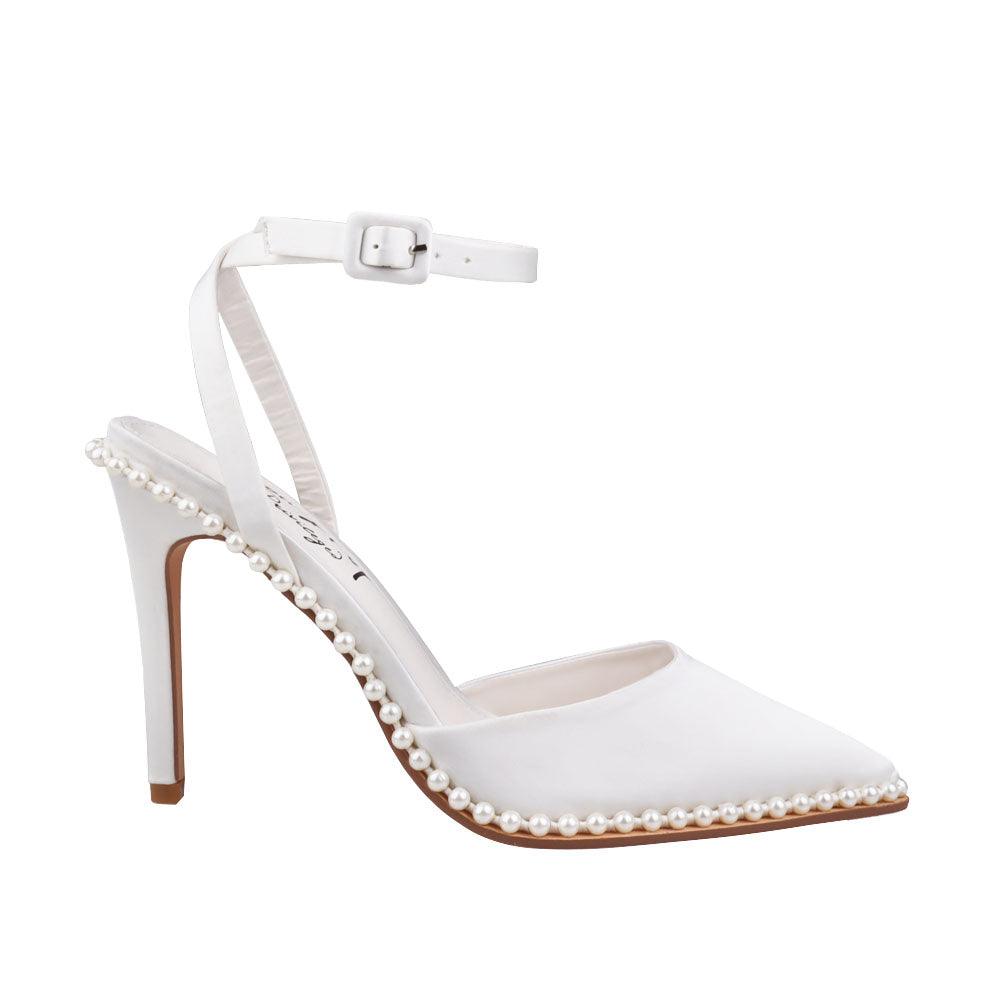 White suede women heels with pearl accent-side view