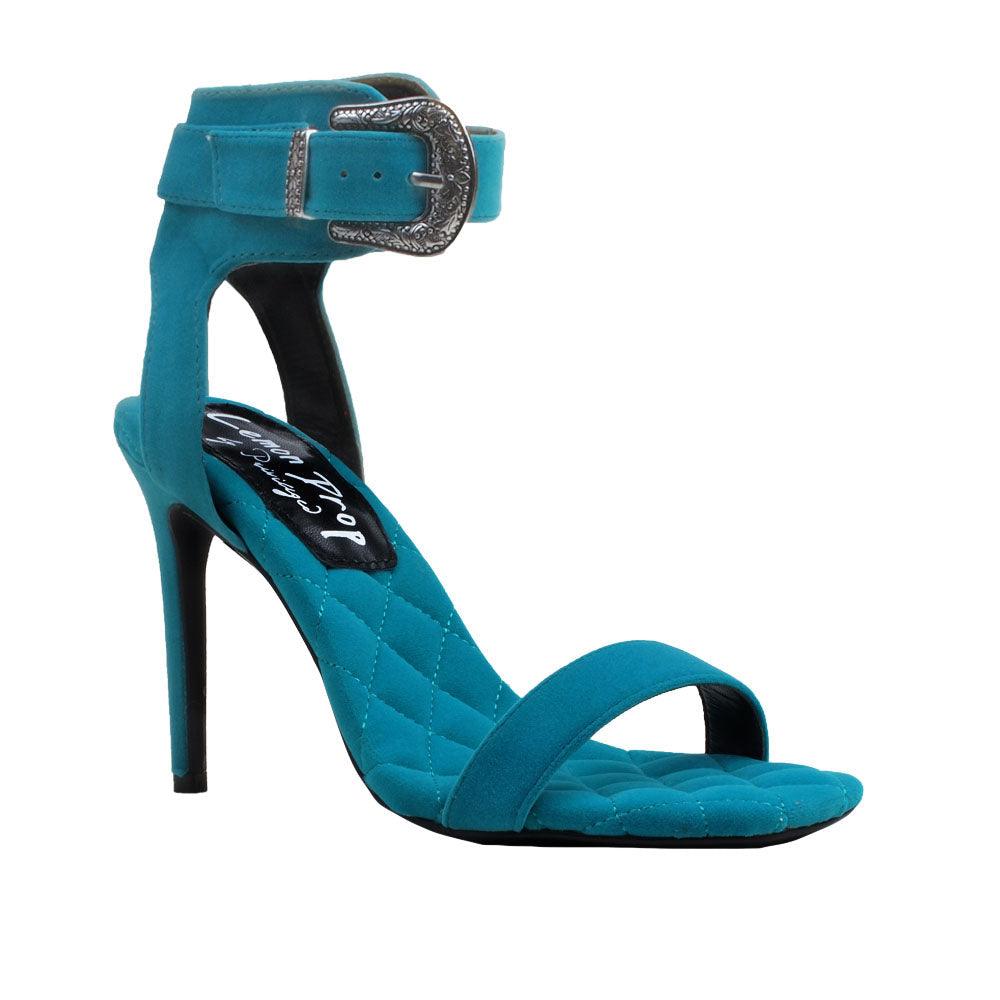 Teal velvet women heels with silver ankle buckle closure-corner view