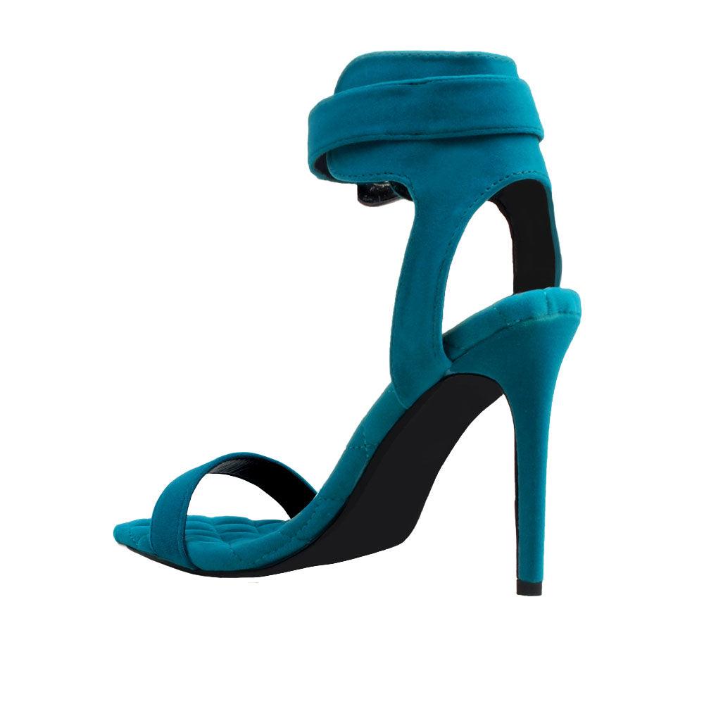 Teal velvet women heels with silver ankle buckle closure-posterior view